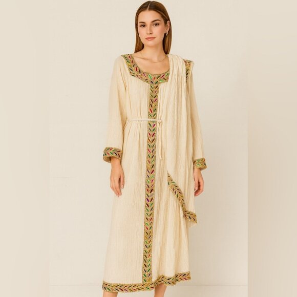 Vintage Ethiopian Cream Boho Maxi Dress Beaded Sequin Embroidered Ethnic - Picture 1 of 15